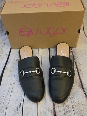 Sugar Black Slip-On Mule Loafers with Silver Horse Bit Detail